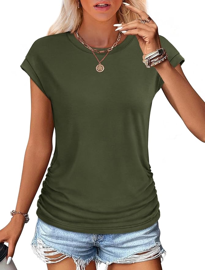 Sampeel Womens Summer Tops Trendy 2026 Ruched Cap Short Sleeve Tshirts Shirts Crew Neck T Shirts Fashion