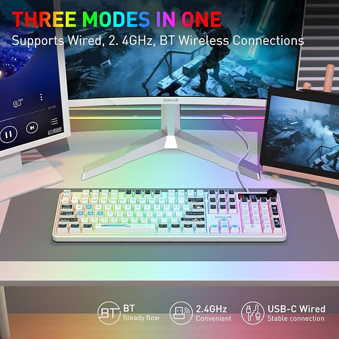 Redragon K526 PRO Wireless RGB Membrane Gaming Keyboard, LED Screen & Knob | See Battery, Mode & Time at a Glance, 0-Delay Tri-Mode, One-Touch Backlit & Media Adjust, 26-Key Anti-Ghost for Combo-Strike