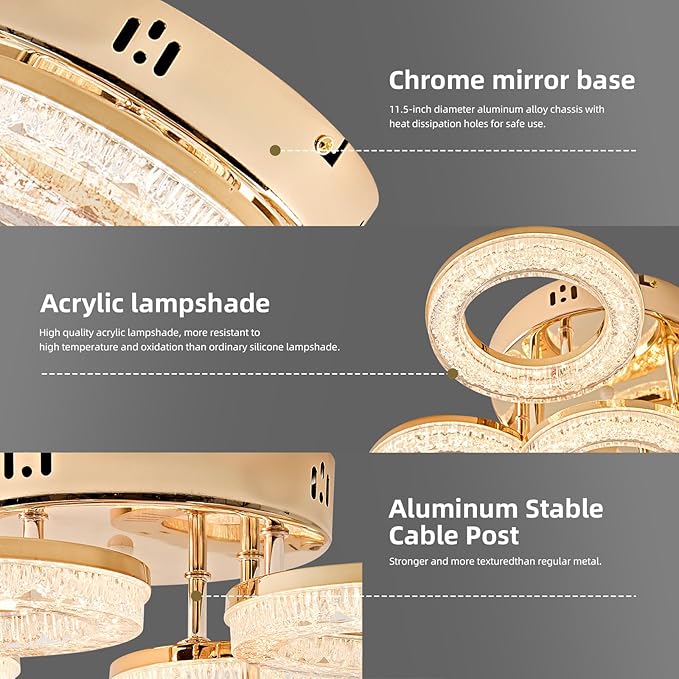 OKELI Modern Ceiling Light, 7 Rings 23'' Dimmable LED 106W Flush Mount Ceiling Lights with Remote Acrylic Crystal Round Ceiling Light Fixture, Bedroom Living Room Dining Room, Gold
