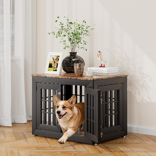 32" Heavy Duty Dog Crate Furniture for Small,Medium and Large Dogs,Rustic Wooden Dog Cage Kennel Indoor Furniture with Waterproof Top,Decorative Pet House Side End Table (Black & Wood)