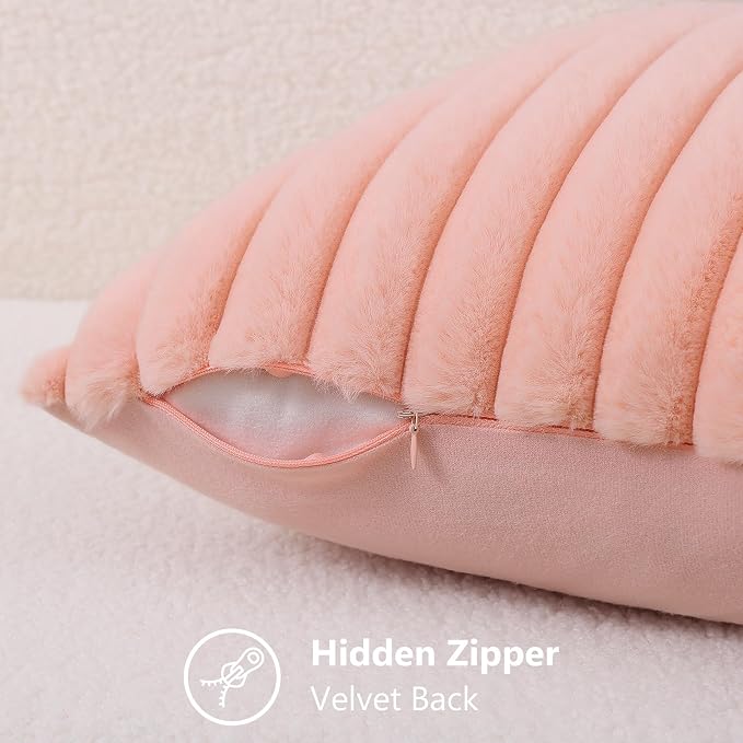 decorUhome Fall Faux Fur Throw Pillow Covers 12x20 Set of 2 Blush Pink | Decorative Soft Cozy Striped Plush Modern Farmhouse Boho Couch Pillow Cases Velvet Back for Sofa Bed Living Room Home Decor
