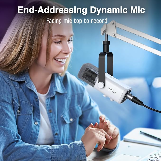 FIFINE AmpliGame AM8TW Gaming XLR/USB Microphone Kit Streaming Dynamic Mic | Computer Mic with Controllable RGB, Headphones Jack, Gain Knob, Arm Stand, for Vocal Podcast Recording Voiceover, White