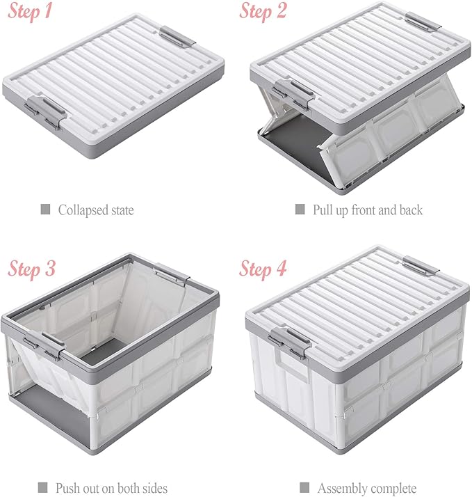 Collapsible Storage Bins with Lids 30L, Folding Plastic Stackable Utility Crates 2-Pack, Durable Containers for Home & Garage Organization - Oyster White