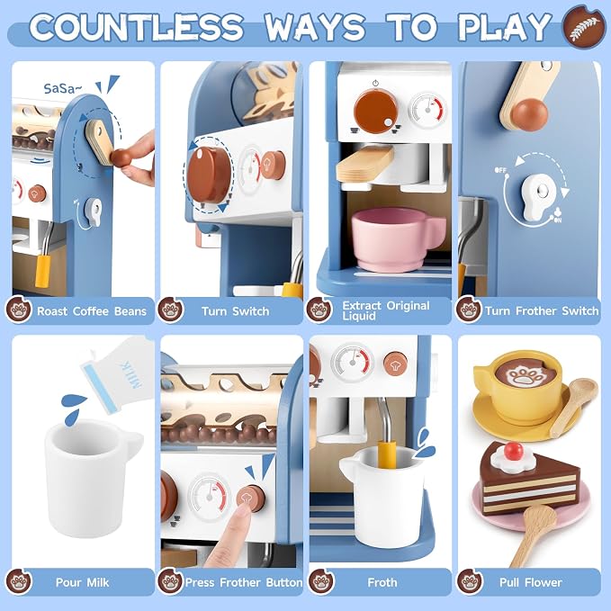 GAGAKU Wooden Coffee Machine Toy with Grinder，15 pcs Wood Play Kitchen Accessories for Kids Non-Toxic Pretend Play Barista Set Learning Gift for Toddlers Girls Boys Ages 3+