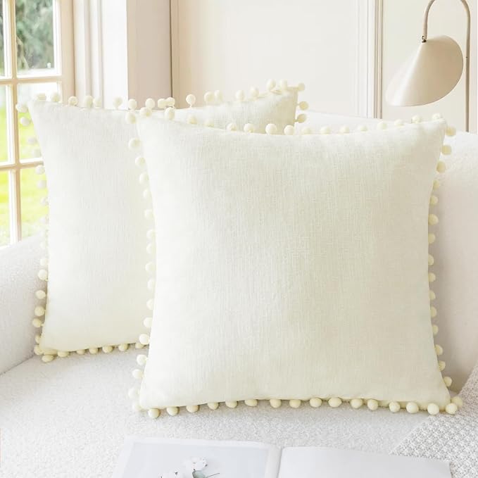 CaliTime Decorative Couch Throw Pillow Covers 16 X 16 Inches Cream | Pack of 2, Cozy Chenille Cushion Cases, with Pom Poms for Sofa Bed Living Room Farmhouse Home