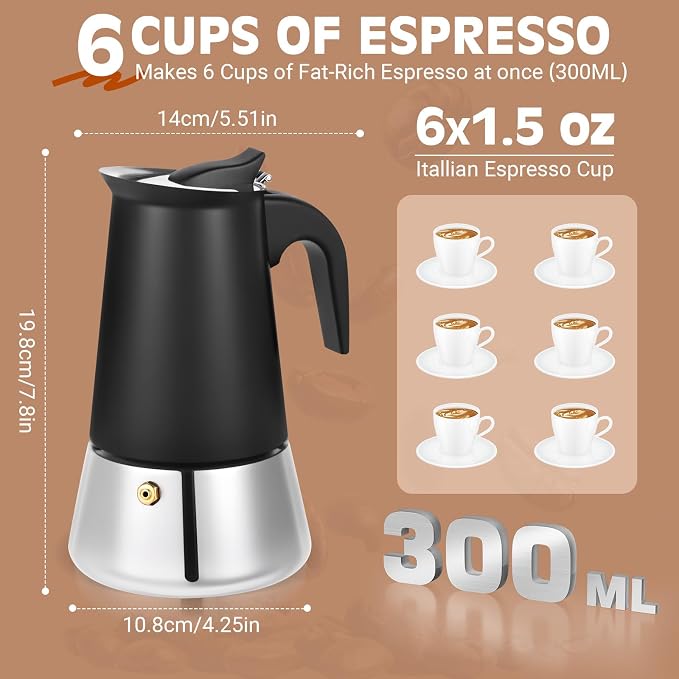 6 Cup Stainless Steel Moka Pot, 300ml Stovetop Espresso Maker, Black