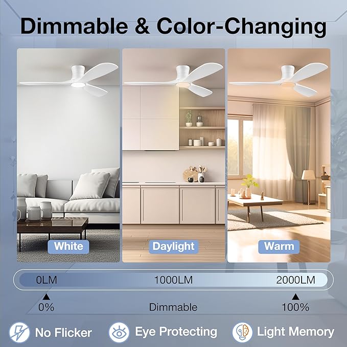 52inch Wood Ceiling Fans with Lights and Remote,Low Profile Modern White Ceiling Fan with Light,Outdoor Indoor Flush Mount Ceiling fan,for Bedroom Living room Patio,3 Blades,Dimmable LED,Quiet