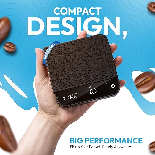 Mini Coffee Scale with Timer – Digital Barista Weight Scale with Designer-Patterned Tamper Mat, 0.1g High Precision, Portable & Rechargeable for Espresso, Pour Over, Drip, and Kitchen Brewing Use