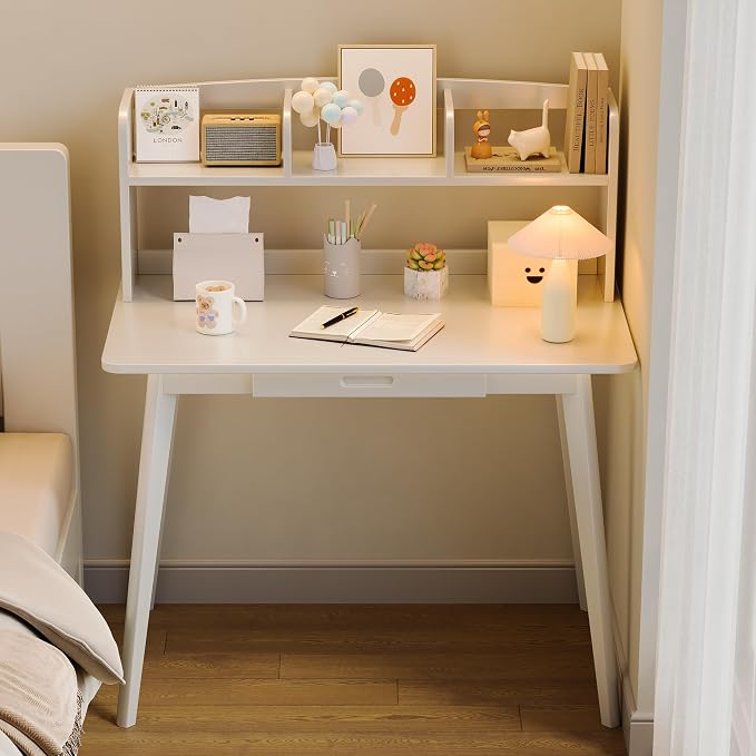 IOTXY Small Writing Desk with Hutch - 39.4" Work Computer Study Table | White , Storage Drawer, Space-saving for Home and Office, with Bookshelves