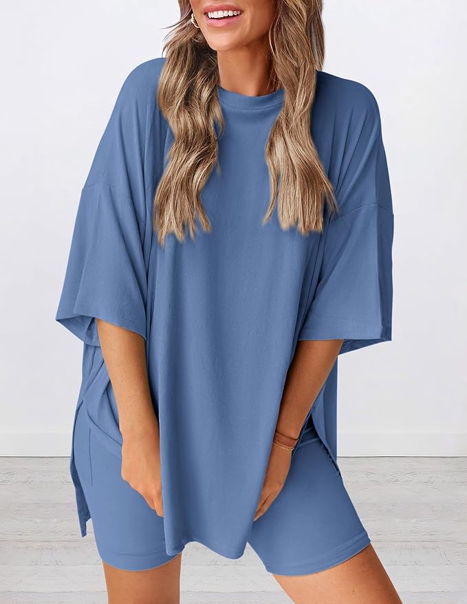 PRETTYGARDEN Women 2 Piece Lounge Set 2026 Summer Casual Oversized Shirts Biker Shorts Matching Airport Travel Outfit Clothes