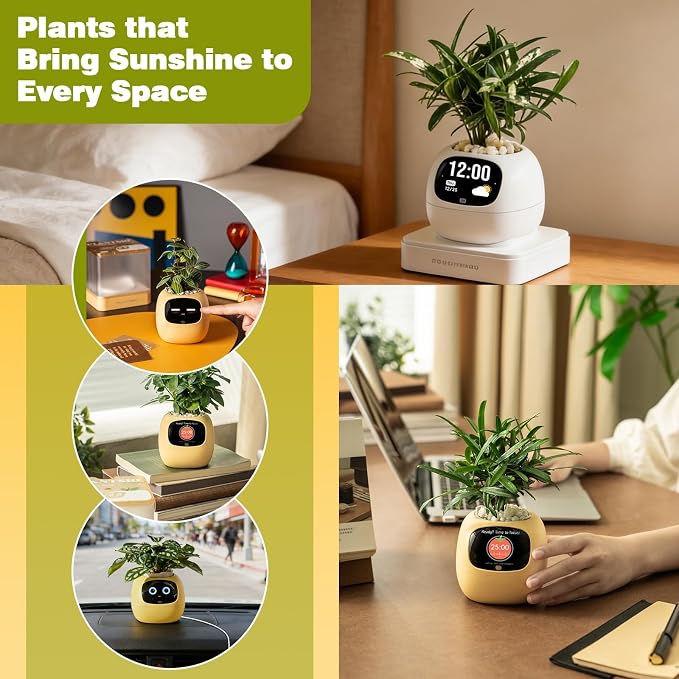 Upgraded AI Smart Flower Pot Multi-Emotion Interactive Digital Display Self Watering Planter Robot Flower Pot Supports 50+ Plants Decor for Desk Home Pet Office(Yellow)