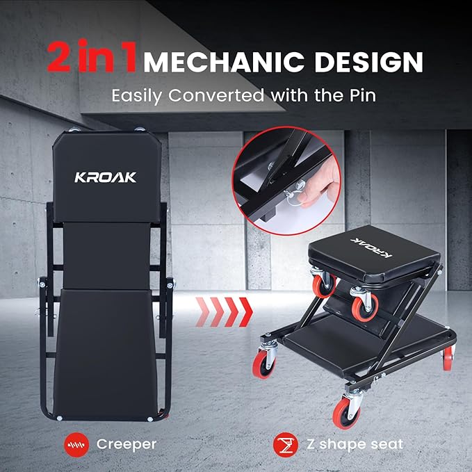 KROAK Creeper, 40 Inches 2 in 1 Z Creeper Seat 330 lbs Capacity Garage Chair Adjustable Rolling Folding Car Creeper with 6 pcs Wheels,Lay Down or Sit for Garage, Shop, Auto Repair Black