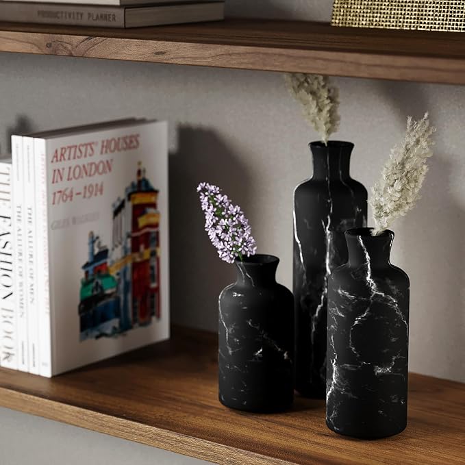 Creative Scents Black Marble Look 3pc Vase Set – Boho Vases for Decor, Modern Vases for Holding Pampas Grass, Dried/Fresh Flowers, Vases for Living Room - Kitchen, Bedroom, Office, Shelf Decor