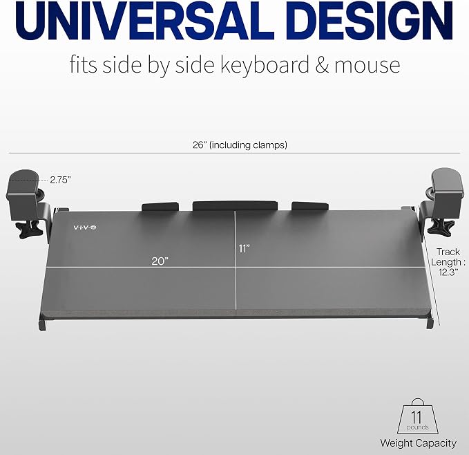 VIVO Small Clamp-on Computer Keyboard and Mouse Under Desk Slider Tray, 20 x 11 inch Pull Out Platform Drawer, Light Wood, MOUNT-KB05ES-A | Keyboard Tray for Typing, Slide Out Platform, Extra Sturdy C-Clamp Mount System, Computer Drawer, White Frame
