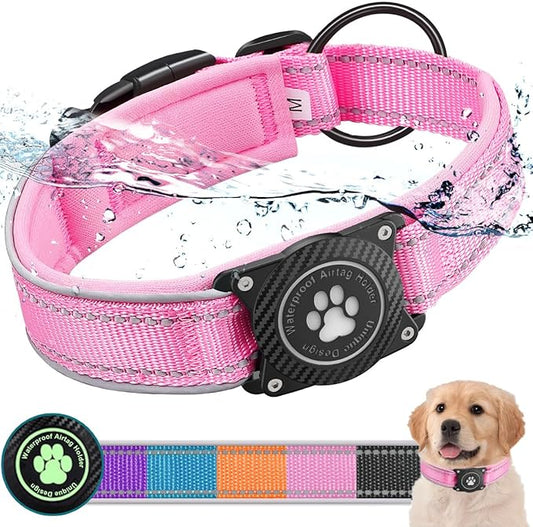 Airtag Dog Collar with Waterproof Air Tag Holder, Luminous Reflective, Soft Padded, Adjustable Nylon Pet Collar for Small Medium Large Heavy Duty Dogs,Pink, S