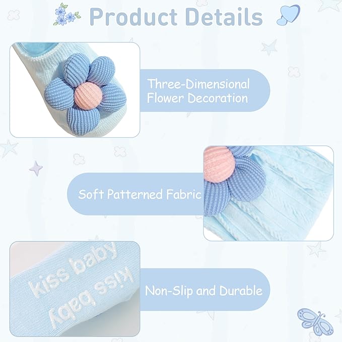 CÉLLOT Baby Girl Headband and Socks, Non-Slip Floral Socks and Soft Floral Nylon Hairbands for Babies Infants and Toddlers(White,Blue,Black)