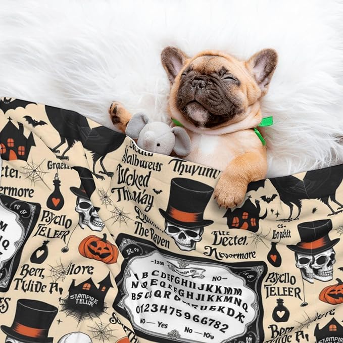 Dog Cat Blanket Double Sided, Halloween Witchcraft Witch Pumpkin Spider Web Bat Raven Magic Board Spirit Skull Skeleton Vintage Black, Plush with Raised Dot Pattern and Smooth Reverse for Cuddling