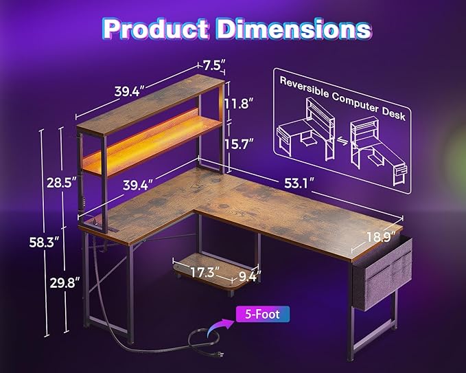 AODK L Shaped Desk Gaming Desk with LED Light & Power Outlet | 53 Inch Vintage Reversible L Shaped Computer Table with Shelf & Storage Bag & Hook for Home Office