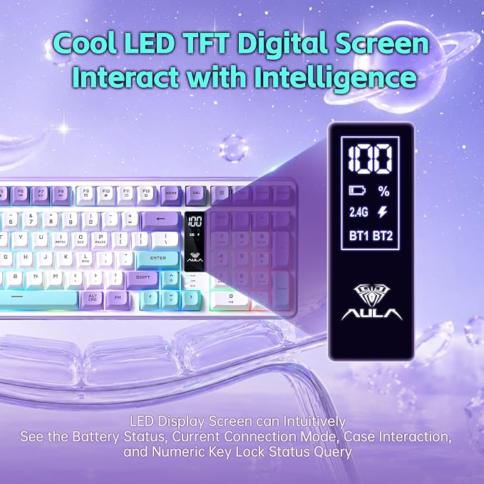 Aula S99pro V2 Wireless Gaming Keyboard,Silent Computer Keyboards,Creamy Membrane Keyboard with Number Pad,Tri-Mode Bluetooth/2.4GHz/USB-C,RGB Backlit,Digital Display Screen - Star Illusion Purple