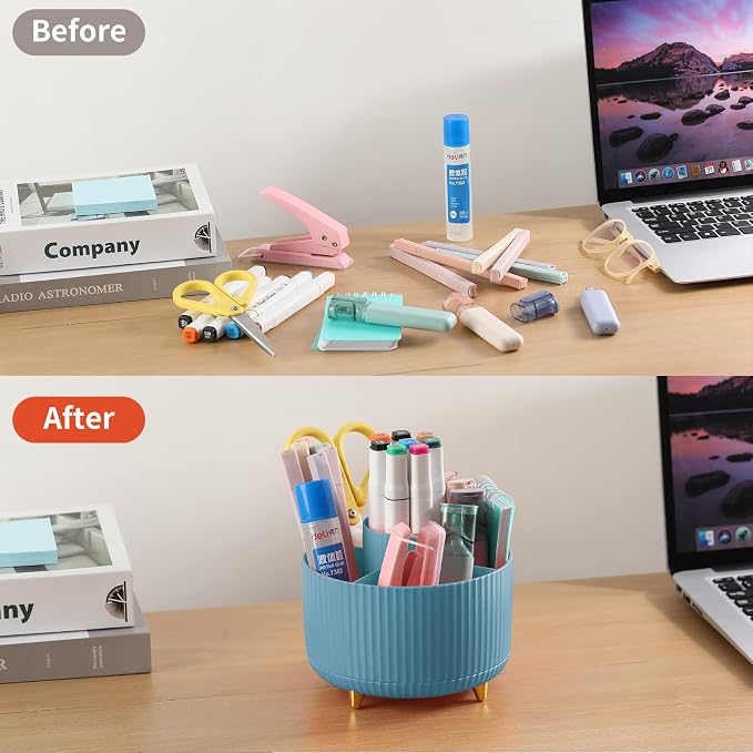 Desk Pencil Pen Holder, 5 Slots 360°Degree Rotating Organizers for, Desktop Storage Stationery Supplies Organizer, Cute Cup Pot Office, School, Home, Art Supply, Blue