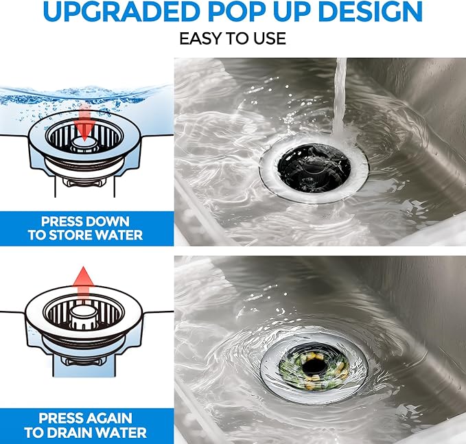3 in 1 Kitchen Sink Drain Strainer Stopper Removable Basket Pop-Up | Kitchen Sink Accessories 1 Pack Brushed Black Stainless - Food Catcher, Odor-Blocking Seal, Fits 3.5" Drain