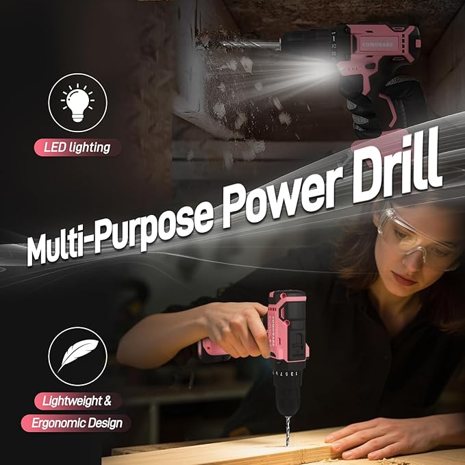 COMOWARE Cordless Drill Set, 20V Pink Power Drill Set for Women, 1 Battery & Charger, 3/8" Keyless Chuck, 2 Variable Speed, 266 In-lb Torque, 25+1 Position, with Pink Storage Bag