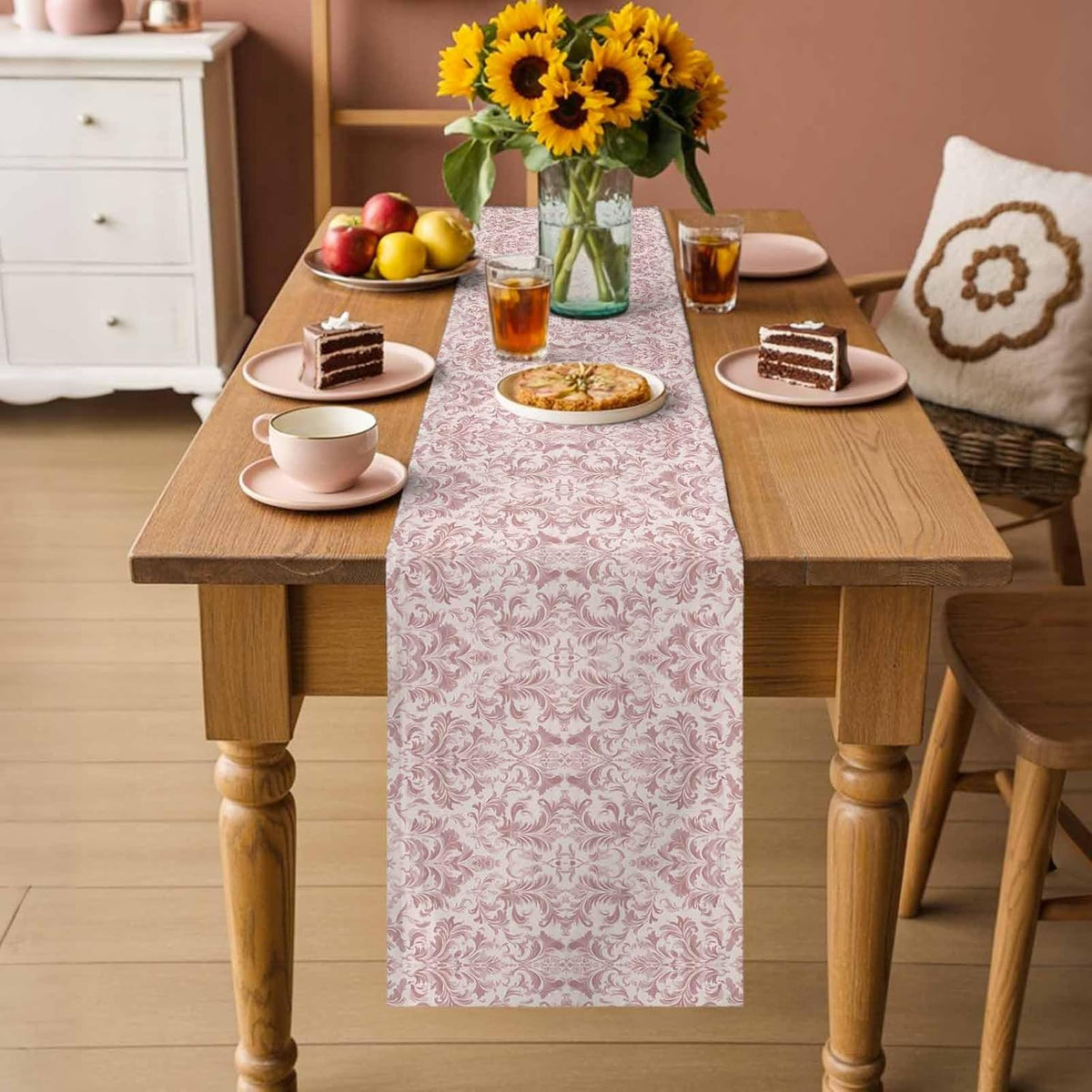 Pink Baroque Table Runner 70 Inches Long, Kitchen Dining Table Decoration, Farmhouse Scroll Floral Damask Patterned Coffee Tablerunner Dress Scarves Farmhouse Décor for Party, Holiday, 13 x 70