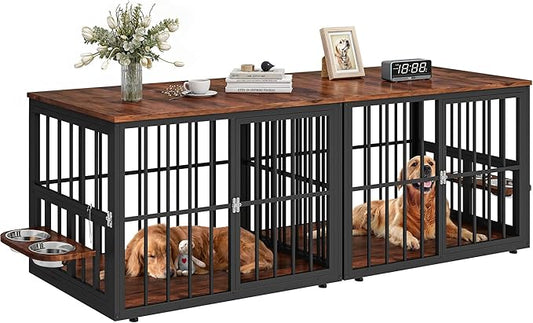 88.6" Large Dog Crate Furniture, Wooden Dog Kennel with Bowls & 3 Doors, Double Crate Furniture TV Stand for Medium Large Dogs, Brown