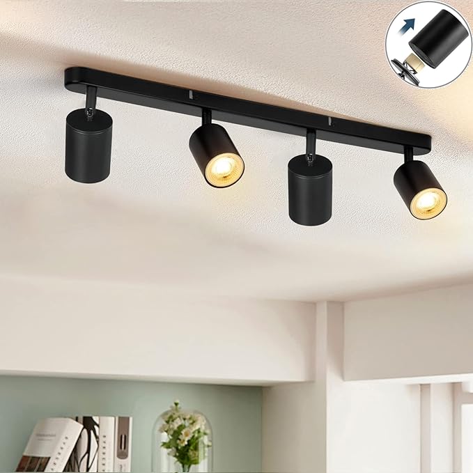 4 Way Track Lighting Kit Flexibly Rotatable Track Light Ceiling Kitchen LED Ceiling spot Light for Bedroom, Picture Wall, Hallway, Office, Bar, GU10 Socket (Black-4)