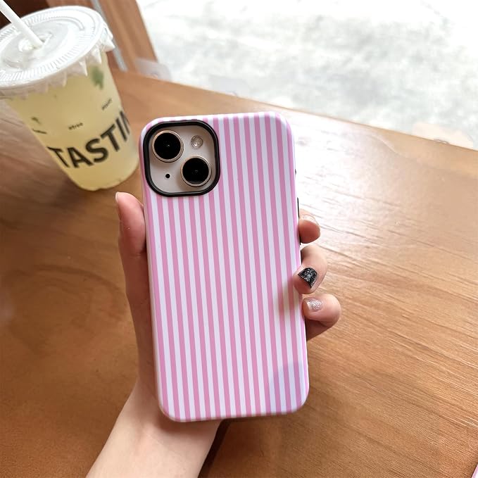 for iPhone 15 Case Striped Cute Aesthetics Phone Case Trendy Protective Shockproof Cover for iPhone 15 Pink White