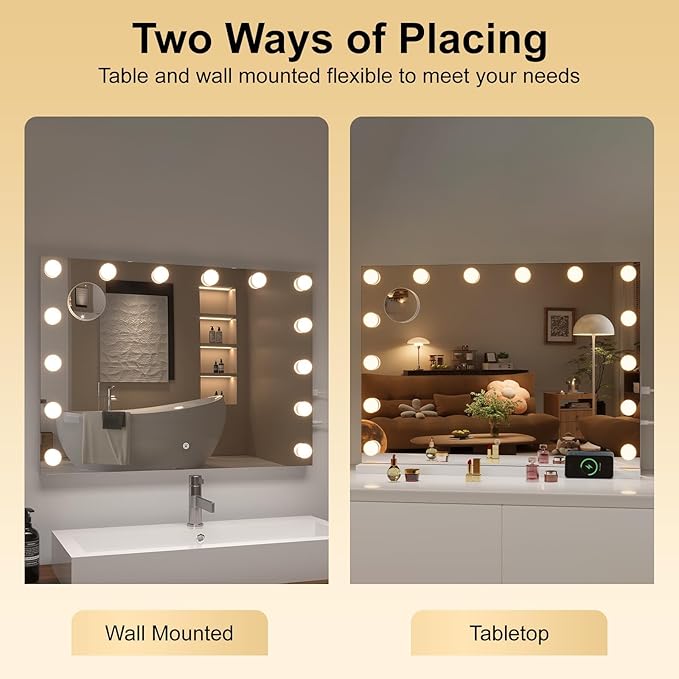Hasipu Hollywood Vanity Mirror with Lights, 29" x 20" Makeup Mirror with 14 Dimmable LED Bulbs 3 Color Modes & Detachable, 5X Magnifying Glass, Touch Control, USB and Type-C, Tempered Glass