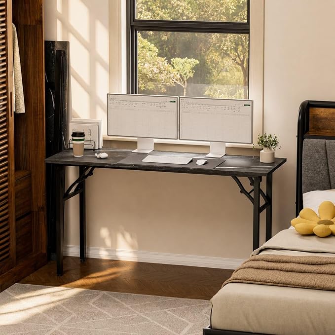 Folding Table Computer Desk - 55.1" No Assembly Folding Desk Design and Foldable Office Desk, Small Desk for Bedroom, Compact Storage Portable Use for Dorm and RV Small Space, Marble Greige