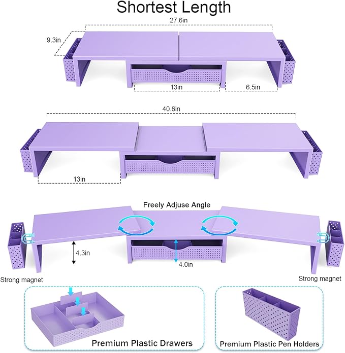 gianotter Dual Monitor Stand Riser, Desk Organizer With Drawer and 2 Pen Holders, Desk Organizers and Accessories, Purple Office Decor (Purple)