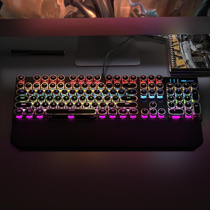 Camiysn Typewriter Style Mechanical Gaming Keyboard, Black Retro Punk Gaming Keyboard with RGB Backlit, 104 Keys Blue Switch Wired Cute Keyboards, Round Keycaps for Windows/Mac/PC