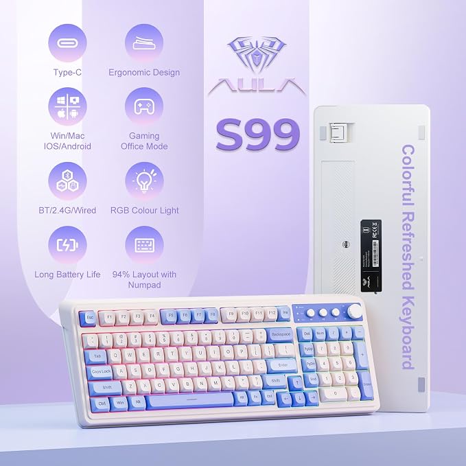 AULA S99 Wireless Keyboard,Bluetooth Computer Gaming Keyboards | 99 Keys with Number Pad,RGB Backlit,Programmable,Creamy Sounding,Tri-Mode BT/2.4GHz/USB-C,2000mAh Thocky Membrane Keyboard