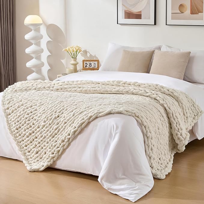 Bigacogo Chunky Knit Throw Blanket for Couch, 51x63 inches, Vintage White | Hand Knit with Jumbo Chenille, Soft Breathable Cable Knit for Sofa Bed Living Room, Machine Washable, Gift for Mom Friend