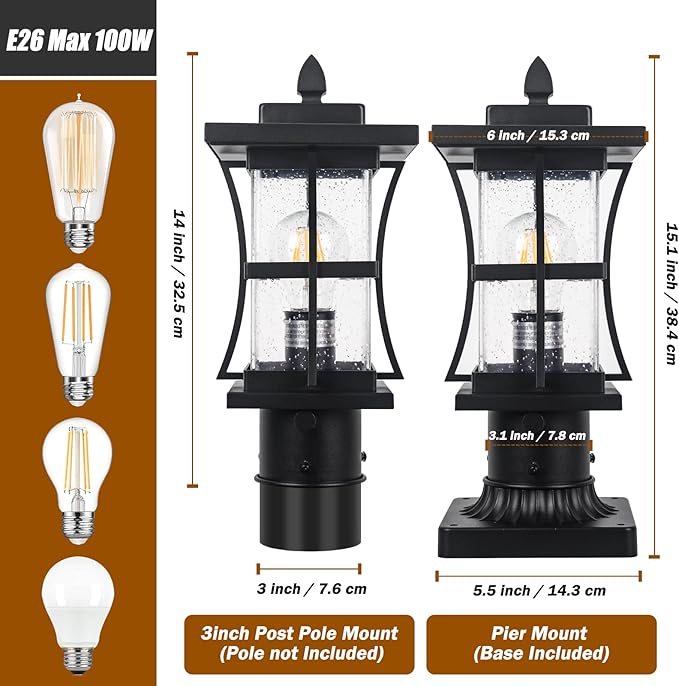 Dusk to Dawn Outdoor Post Light Fixture with Pier Mount Base - Black Outdoor Pole Lighting, Waterproof Pillar Lantern, Modern Outside Column with Seeded Glass for Pathway, Garden, Patio, Anti-Rust