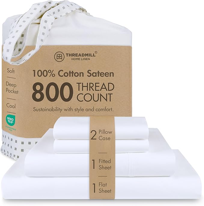 Threadmill Luxury 800 Thread Count King 100% Cotton Sheets - Hotel White Sateen Weave Bed-Sheets, Better Than Egyptian Cotton, 4 Pc Solid Soft Bed Set, Fits 16" Deep Pocket