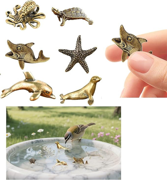6 Pcs Copper Bath Disks Ornaments Mini Ocean Animal Shape– Starfish Turtle Dolphin Shark Sea Lion Octopus, Unique Copper Birdbath Purification Cleaner, Universal Fit for Outdoor Birdbaths
