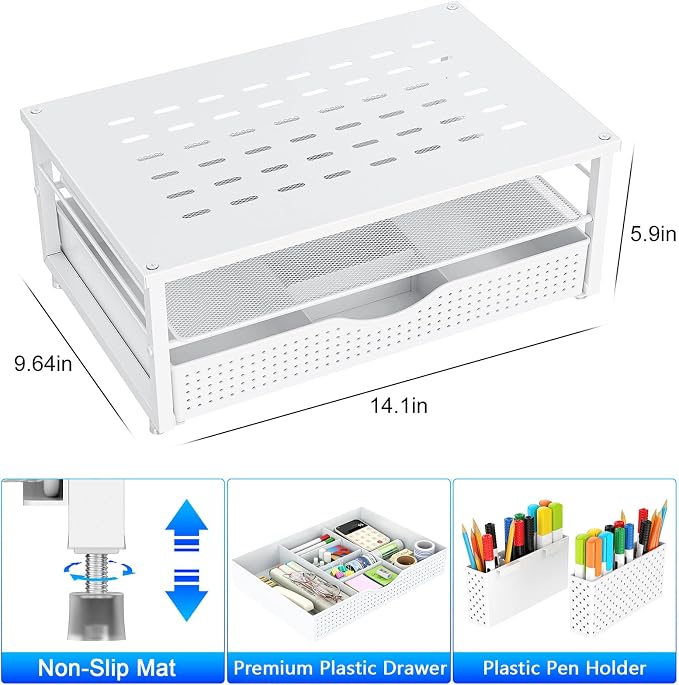 gianotter Desk Organizers and Accessories, Monitor Stand with Drawer and 2 Pen Holder, Desktop Organizer Suitable for Offices and Dormitories (White)
