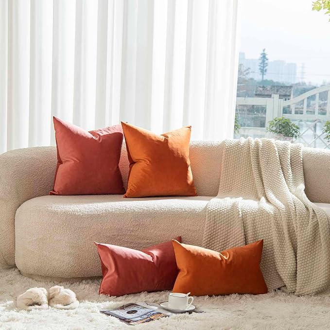 22x22 Velvet Throw Pillow Covers Set of 2 for Couch Sofa Bed,Burnt Orange | JUSPURBET Decorative Pillow Covers with Invisible Zipper for Modern Living Room Bedroom Home Decor Halloween