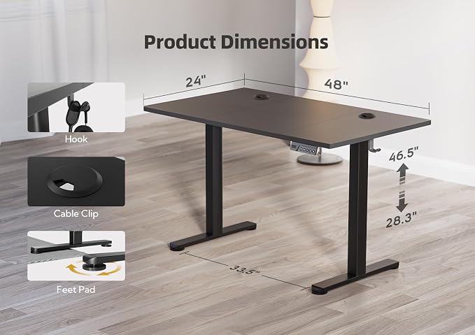 YDN 48 x 24 Inch Black Electric Standing Desk | Adjustable Height, Sit Stand, Cable Management, Ergonomic, Home Office