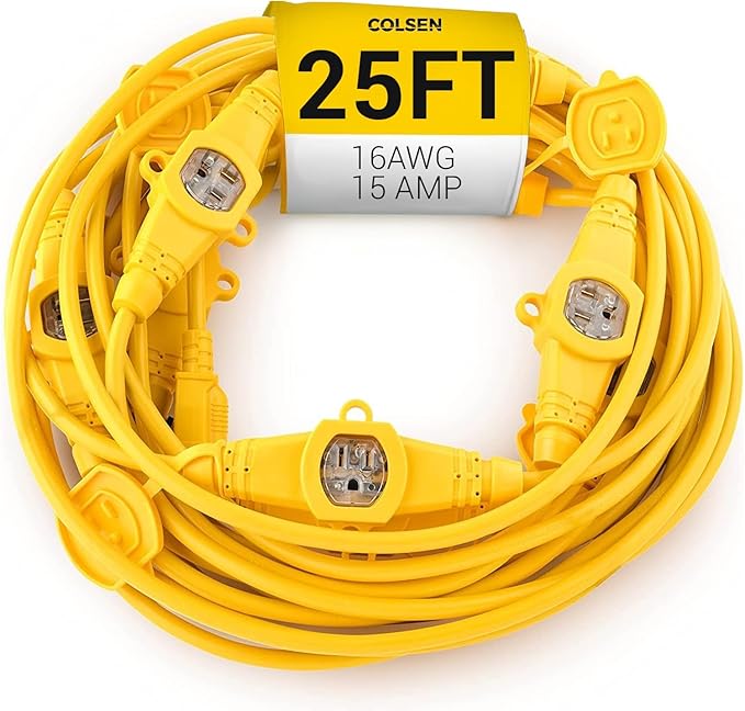 COLSEN Extension Cord with Multiple Outlets – 25 ft Heavy Duty 16 Gauge Power SJTW Cable, 15 Amp 3 Prong 6 NEMA Multi Plug, 16 AWG Male to Female Connector, 5-15R Female Socket, Outdoor/Indoor Yellow