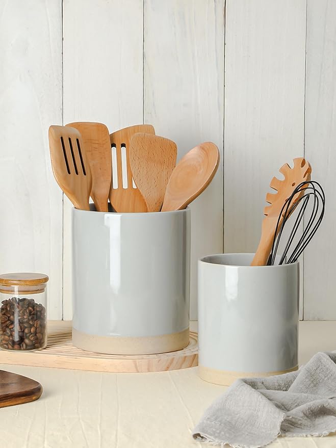 famiware Milkyway Kitchen Utensil Holder for Countertop, 7.2"+5.8" Ceramic Cooking Utensil Crocks for Counter, Utensil Organizer for Spatula & Spoon, Kitchen Decor, Set of 2, Light Gray