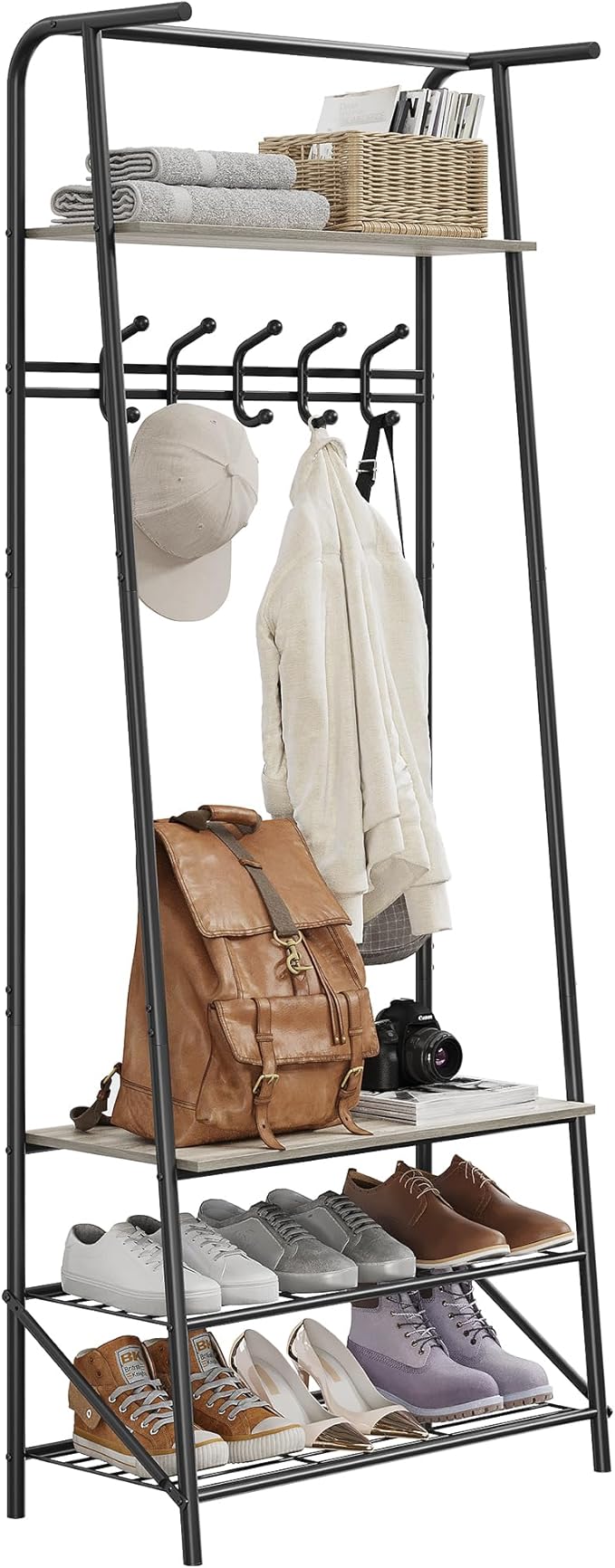 Coat Rack, Floorstanding Hall Tree with Shoe Rack, Wooden and Metal Coat Stand, Industrial Clothes Rack, for Hallway, Living Room, Bedroom, 25.2''x11.4''x70'', Grey