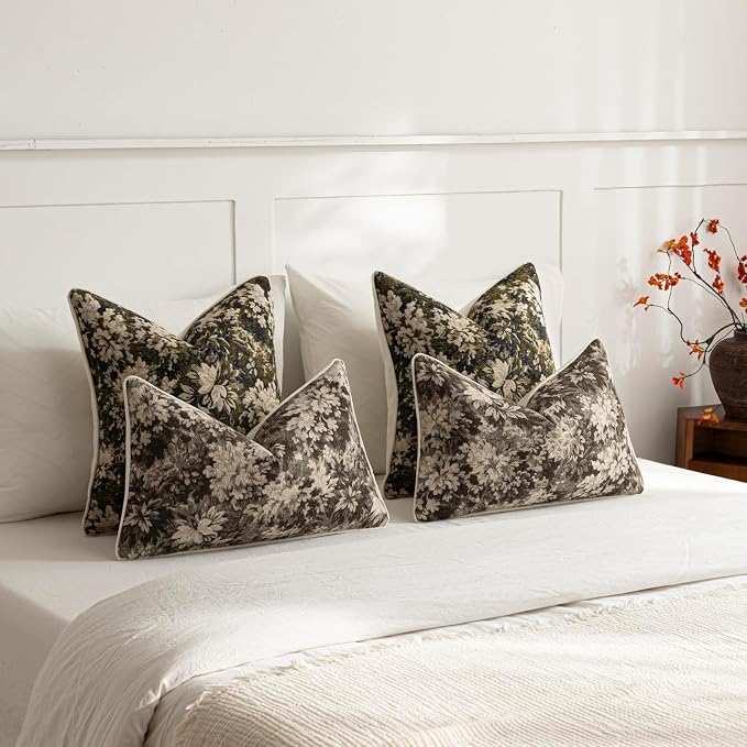 Pack of 2 Vintage Floral Euro Sham Covers 26x26 Boho Farmhouse Accents Chenille Square Decorative Throw Pillow Cases for Living Room Couch Bed Home Decor, Olive Green