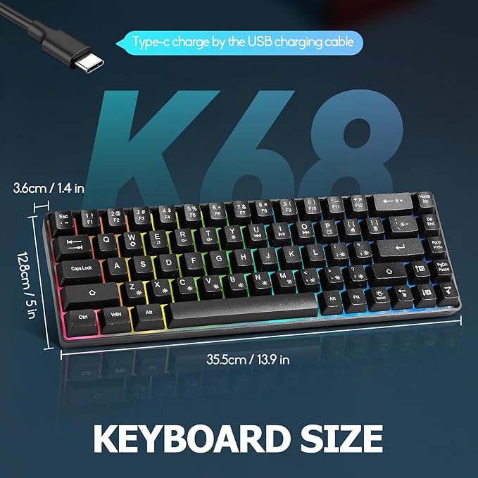 Guiheng Wired Portable 60% Mechanical Feeling Gaming Keyboard,RGB LED Backlit Compact 68 Keys Mini Wired Office Keyboard with Red Switch for Windows Laptop PC Mac - Black