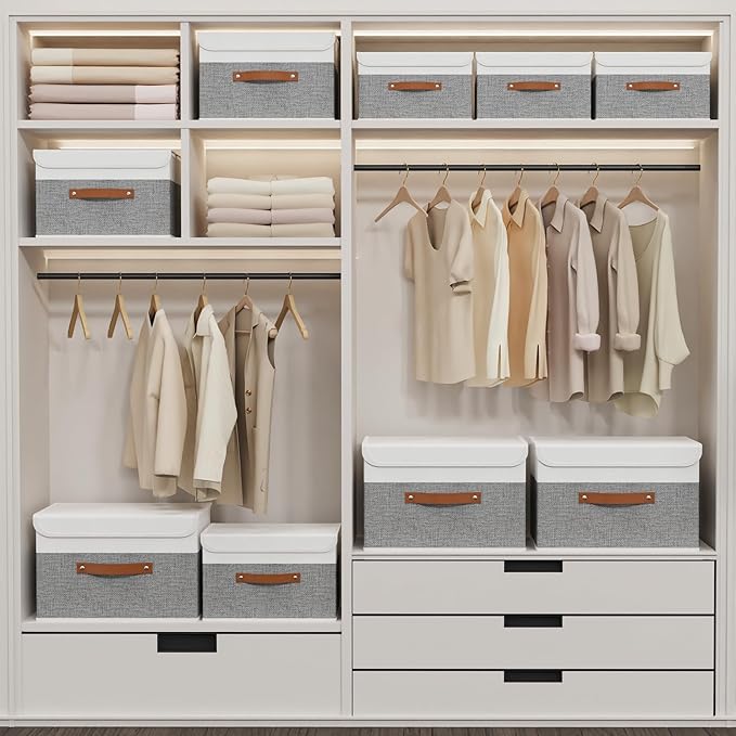 Yawinhe Storage Bins with Lids, Fabric Foldable Boxes, Washable and Leather Handle, Cube Organizer Basket for Home, Closet, White/Grey, 17.7''Lx11.8''Wx11.8''H, 5-Pack, USNK024WGX-5