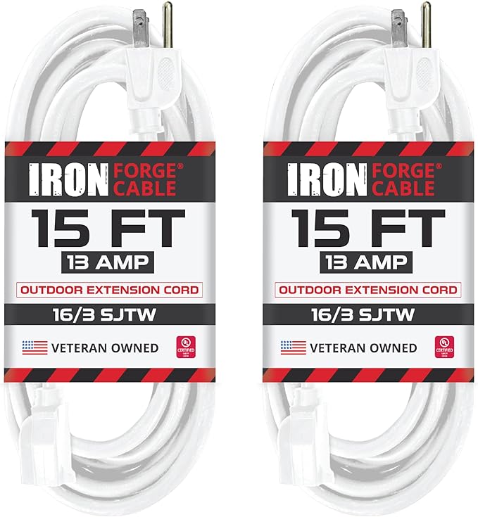 Iron Forge Cable 2 Pack Weatherproof 15 Ft Outdoor Extension Cord - 16/3 SJTW Heavy Duty White Extension Cord 3 Prong - 13 Amp Exterior Power Cable