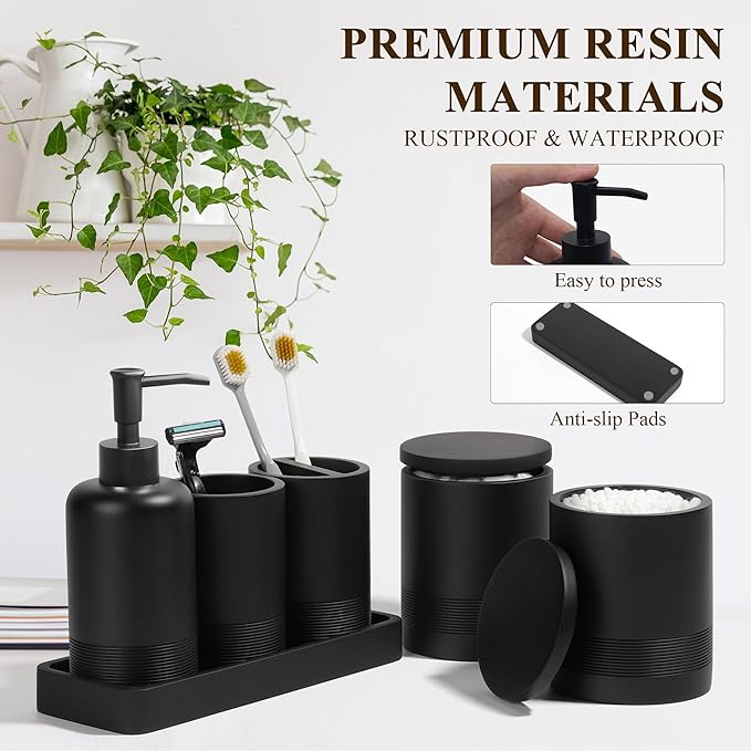 Bathroom Accessories Set, 6-Piece Bathroom Accessory Set, Toothbrush Holders Set, Soap Dispenser, Vanity Tray, Tumbler, Cotton Swab Jars, Bathroom Organizer for Modern Bathrooms(Matte Black)